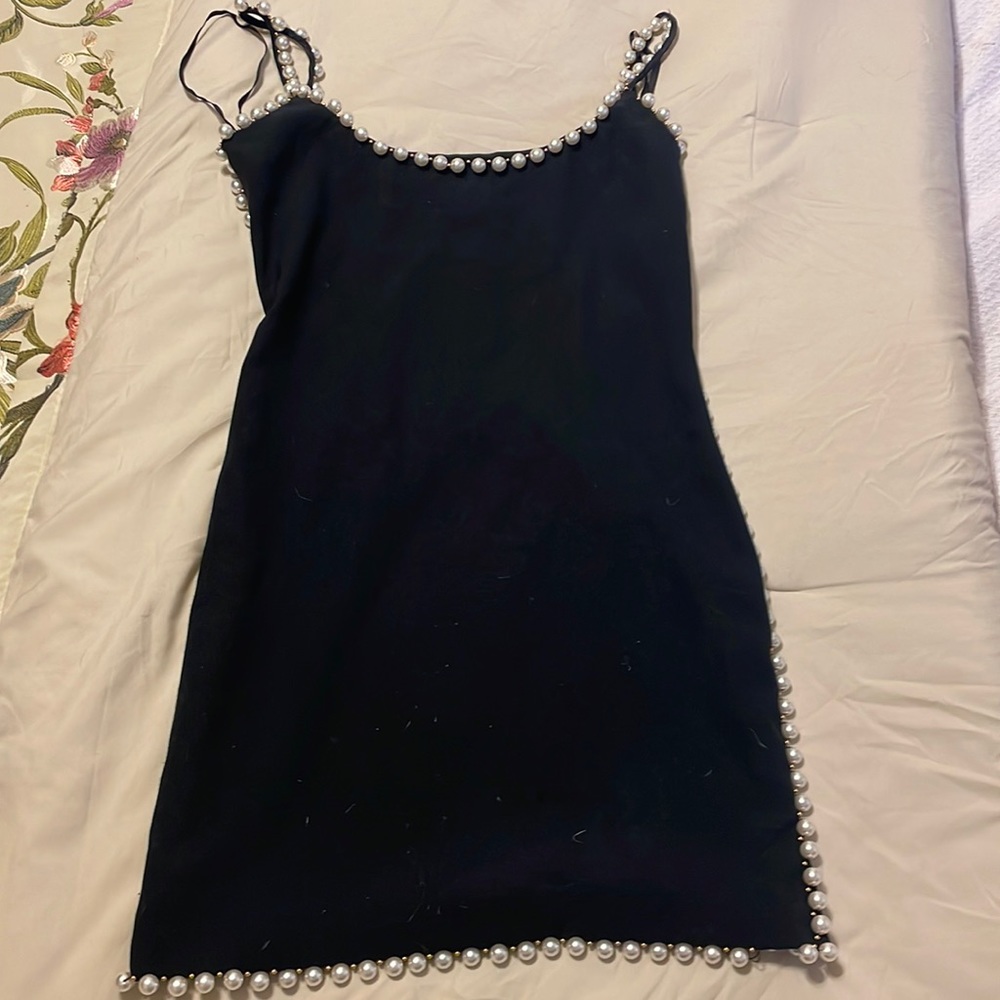 Little black pearl trimmed dress